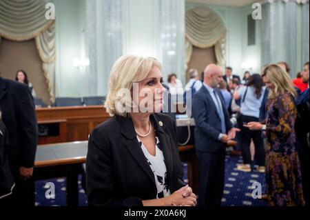 Washington, Vereinigte Staaten. 9 febbraio 2024. La presidente del National Transportation Safety Board Jennifer Homendy parla con le persone dopo essere apparsa davanti a un'audizione del Comitato del Senato per il commercio, la scienza e i trasporti per la sua riconferma in attesa di essere presidente del National Transportation Safety Board nel Russell Senate Office Building a Washington, DC, mercoledì 10 aprile 2024. Credito: Rod Lamkey/CNP/dpa/Alamy Live News Foto Stock