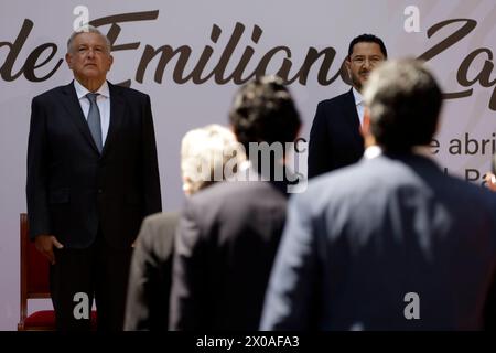 Città del Messico, Messico. 10 aprile 2024. 10 aprile 2024 a città del Messico, Messico: Il presidente del Messico, Andres Manuel Lopez Obrador durante la cerimonia per il 105 ° anniversario della morte di Emiliano Zapata, tenutasi nel Patio of Honor del Palazzo Nazionale. Crediti: Eyepix Group/Alamy Live News Foto Stock