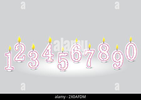 Numeri di candele colorate. Set per festeggiare il compleanno. Elemento decorativo per feste. Illustrazione vettoriale. EPS 10. Illustrazione Vettoriale