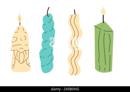 Collezione di candele accese alla moda. Concetto fatto a mano. Può essere utilizzato per striscioni, etichette o poster. Illustrazione Vettoriale