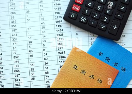 Opuscoli di assicurazione pensionistica giapponese sul tavolo con calcolatrice sul tavolo da vicino Foto Stock