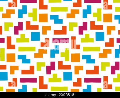 Motivo Tetris su sfondo bianco. gioco di pattern vettoriali, design per carta e tessuti. design divertente per i bambini Illustrazione Vettoriale