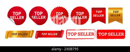 etichetta con il francobollo più venduto e insegna a nastro per il miglior marketing commerciale dei prodotti Illustrazione Vettoriale