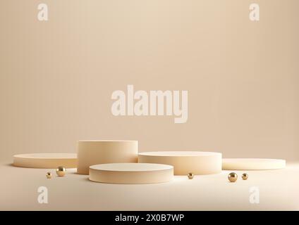 Gruppo 3D di cinque cilindri bianchi podiumcon palline d'oro su sfondo beige. Mockup per espositori di prodotti, stile elegante. Illustrazione vettoriale Illustrazione Vettoriale