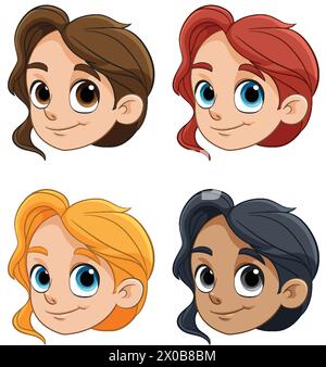 Quattro diversi cartoni animati con espressioni allegre Illustrazione Vettoriale