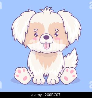 Simpatico cane bianco soffice con la lingua che si aggrava. Simpatico animale personaggio kawaii dei cartoni animati. Illustrazione vettoriale. Collezione bambini Illustrazione Vettoriale