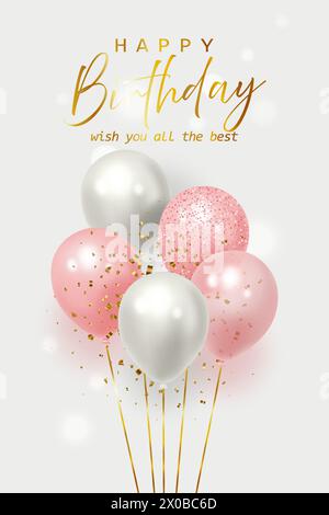 Festeggia palloncini realistici con scintille d'oro e coriandoli scintillanti. illustrazione vettoriale 3d. Illustrazione Vettoriale