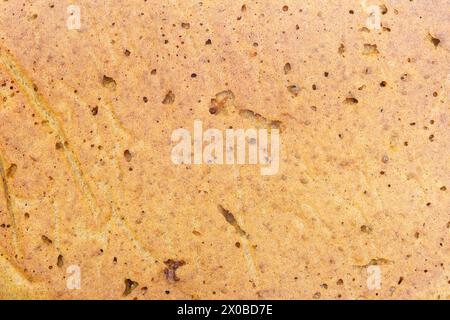Vista dall'alto di una torta dalla consistenza friabile beige calda, punteggiata da macchie scure ed evidenziata da striature più chiare. Essenza fatta in casa di dessert al forno Foto Stock