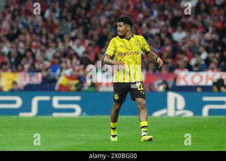 Ian Maatsen del Borussia Dortmund durante la UEFA Champions League, tra il Madrid e il Borussia Dortmund allo stadio Metropolitano il 10 aprile 202 Foto Stock