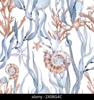 Alghe, stelle marine, perle e conchiglie senza cuciture. ghirlanda dipinta a mano in acquerelli. Foto Stock
