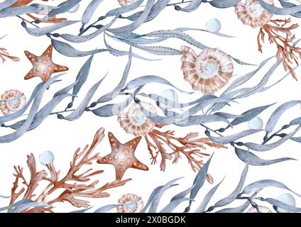 Alghe, stelle marine, perle e conchiglie senza cuciture. ghirlanda dipinta a mano in acquerelli. Foto Stock