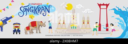 Sfondo per banner del festival Songkran con set di elementi di decorazione culturale Tailandia e un design d'angolo che spruzza acqua Illustrazione Vettoriale