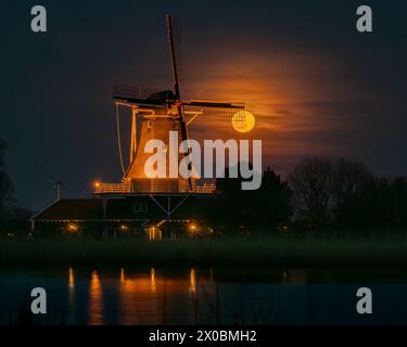 La luna piena brilla attraverso le vele del mulino a vento Lion di Anna Paulowna. La luna piena sorge dietro il mulino a vento Anna Paulowna. Foto Stock