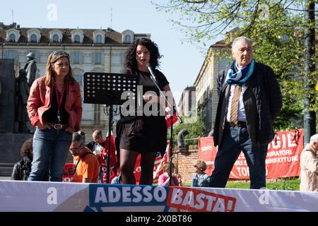 Torino, Italia. 11 aprile 2024. Gabriella Semeraro, Sara Pantò e Gianni cortese in alcuni momenti dello sciopero nazionale di Cgil e Uil per i settori privati presso prefettura di Torino, Italia - Cronaca - 11 aprile 2024 - (foto Giacomo Longo/LaPresse) Gabriella Semeraro, Sara Pantò e Gianni cortese durante lo sciopero nazionale Cgil e Uil per i settori privati nella prefettura di Torino, Italia - News - 11 aprile 2024 - (foto Giacomo Longo/LaPresse) crediti: LaPresse/Alamy Live News Foto Stock