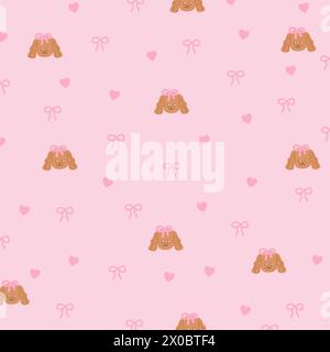 Illustrazioni di cucciolo, nastro rosa e cuore su sfondo rosa pastello per la stampa di animali, abiti per animali, veterinario, carta da parati per cani, confezione regalo, adotta animale domestico Illustrazione Vettoriale