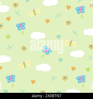 Illustrazione di farfalla, nuvola, cuore su sfondo verde pastello per picnic, primavera, estate, natura, giardino, tessuto, fantasia, confezione regalo, animale Illustrazione Vettoriale