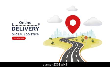 Consegna online logistica globale, strada verso destinazione. Vettore Illustrazione Vettoriale