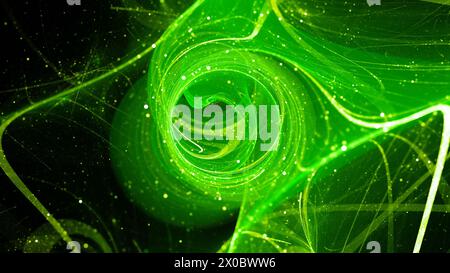 Campo di forza quantistica multidimensionale luminoso verde con particelle elementari, rendering 3D. Foto Stock