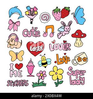 Elementi disegnati a mano di delfino, nastro rosa, farfalla, fragola, coniglio, funghi, cane, fiori, gelato per cartoni animati, carattere, estate, bambino, icona Illustrazione Vettoriale
