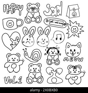 Contorni di elementi carini disegnati a mano come orsacchiotto, coniglietto, cuore, melodia, lumaca, uovo, gatto, sole, lettere FELICI per libro da colorare per bambini, adesivi Illustrazione Vettoriale