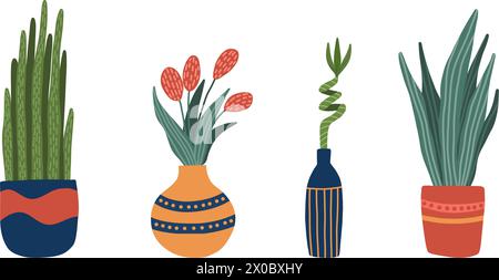 Set di piante da interno in stile cartoni animati. Piante d'appartamento carine e alla moda in vasi e vasi. Decorazioni verdi e naturali per la casa e gli interni. Illustrazione vettoriale Illustrazione Vettoriale