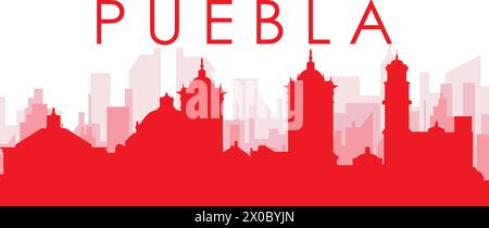 Poster rosso panoramico dello skyline della città di PUEBLA, MESSICO Illustrazione Vettoriale