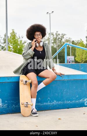 Una giovane donna afroamericana con i capelli ricci si siede su uno skateboard, parlando su un cellulare in uno skate Park. Foto Stock