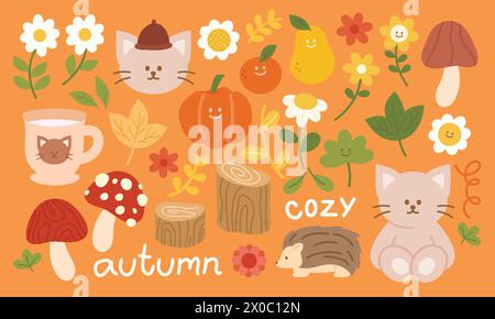 Illustrazioni autunnali di gatto, zucca, fiori, piante, foglie, legno di legno, ricci, funghi, bevanda accogliente per icone autunnali, cartoni animati, personaggi Illustrazione Vettoriale