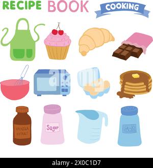 Elemento da forno trafilato a mano di grembiule, cioccolato, frusta, forno a microonde, uovo, pancake, estratto di vaniglia, zucchero, sale per panificazione, pasticceria, caffetteria, ristorante Illustrazione Vettoriale