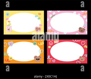 Etichette rettangolari con nome di orsacchiotto con scatola di cereali, fiori, cuore e doodle per striscioni, modello pastello, cornice carina, social media, cartolina Illustrazione Vettoriale