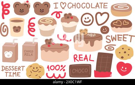 Illustrazioni al cioccolato di torta di compleanno, cupcake, biscotti, scatola del latte, ciambelle, barretta di cioccolato, orsacchiotto, font dolce, tipografia, simpatici scarabocchi astratti Illustrazione Vettoriale
