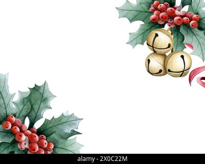 Modello di cartolina di Natale rosso-verde con pianta holly ilex e campane dorate. Banner per illustrazioni in acquerello Foto Stock