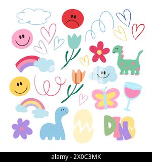 Graziose illustrazioni di fiori, tulipani, dinosauro, arcobaleno, nuvole, cuore, farfalla, champagne, faccia felice per un bell'adesivo, primavera, estate, logo Illustrazione Vettoriale