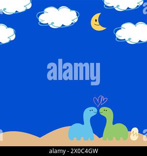 Dinosauri disegnati a mano con cielo blu, nuvola, luna per sfondo, sfondo, carta da parati, banner, modello di annuncio, design della copertina, brochure, cartone animato, caratteri Illustrazione Vettoriale