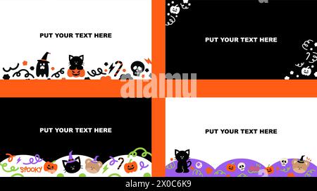 Cornici rettangolari con gatto nero, orsacchiotto, zucca, fantasma per Halloween, striscione, cartoncino, stampa, modello di annuncio, sfondo spettrale, memo, etichette dei nomi, copertina Illustrazione Vettoriale