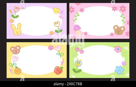 Set di cornici pastello con orsacchiotto, coniglietto, fiori per striscioni, sfondo, carta da parati, modello pubblicitario, floreale, picnic, primavera, estate, animale, animale, veterinario, zoo Illustrazione Vettoriale