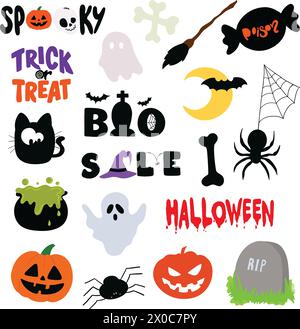 Elementi di Halloween disegnati a mano come caramelle velenose, gatto nero, zucca, fantasma, scopa da strega, trucchi o dolcetti, lettere spaventose, ossa, ragnatele per icone Illustrazione Vettoriale