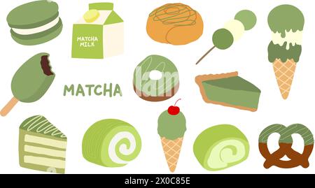 Dessert Matcha come dolci alla cannella, ciambelle, dango, gelato, torta yam roll, macaron, latte e pretzel per caffè, ristorante, logo, icona, adesivi Illustrazione Vettoriale