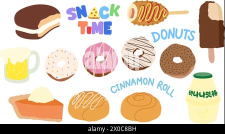 Snack disegnati a mano come torta al cioccolato, cane di mais coreano, ciambelle, torta di carote, involtino alla cannella, birra, latte alla banana, gelato per la spesa Illustrazione Vettoriale