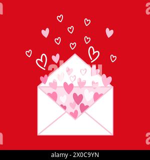 Illustrazioni di lettera d'amore con cuori su sfondo rosso per biglietto di San Valentino, cartello d'amore, busta, logo, icona, stampa, sfondo, social media Illustrazione Vettoriale