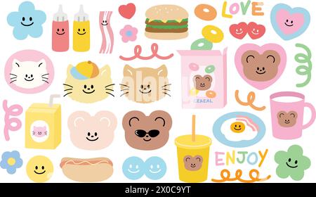Simpatiche illustrazioni di orsacchiotto, gatto, hamburger, cereali, hot dog, uova fritte, pancetta, latte, salsa ketchup, salse di senape, succo, fiori, cuore, scarabocchi Illustrazione Vettoriale