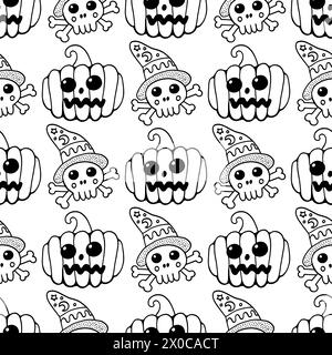Halloween senza cuciture con teschi e zucche. Design della linea cartoonish Doodle. Una simpatica illustrazione disegnata a mano. Illustrazione Vettoriale