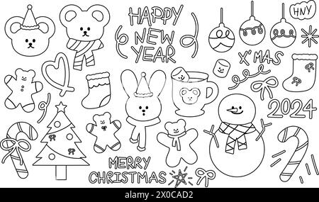 Natale e Capodanno contorni di orsacchiotto, coniglietto, canna da zucchero, pupazzo di neve, albero, leggero, calzini, zenzero, bevanda calda al marshmallow Illustrazione Vettoriale