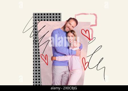 Esclusiva immagine di un collage di foto di una bambina sorridente che abbraccia uno sfondo creativo isolato Foto Stock