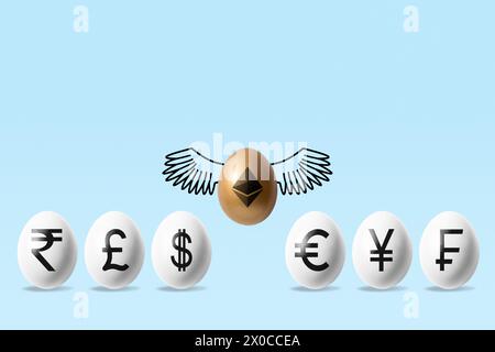 Concetto di investimento minimo. Uovo d'oro con un cartello ethereum che vola sopra le uova bianche con cartelli monetari su sfondo blu. Foto Stock