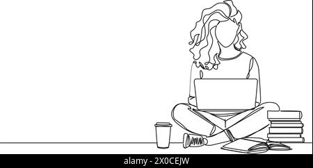 disegno continuo di una singola linea di una studentessa universitaria che utilizza un computer portatile in grembo, illustrazione vettoriale di line art Illustrazione Vettoriale