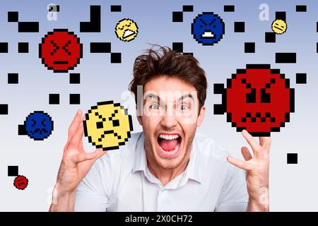 Collage fotografico composito di un giovane irritato arrabbiato gesto folle cattive emoticon negative sorridente cerchio isolato su sfondo dipinto Foto Stock