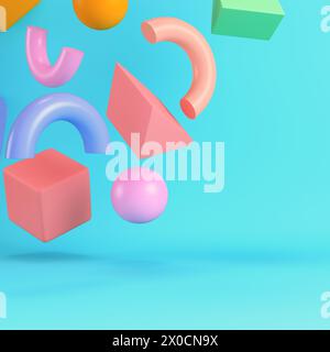 Figure geometriche colorate astratte e audaci su sfondo blu brillante in colori pastello. Concetto di minimalismo. rendering 3d. Foto Stock