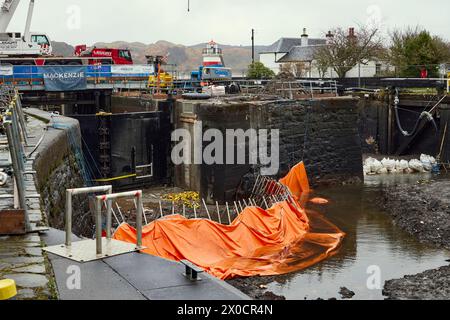 Importanti lavori di ingegneria civile intrapresi all'estremità nord-atlantica del canale Crinan, Argyll e Bute, Scozia Foto Stock