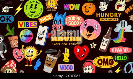 Una collezione di personaggi dei cartoni animati retrò e adesivi! Illustrazione vettoriale Illustrazione Vettoriale